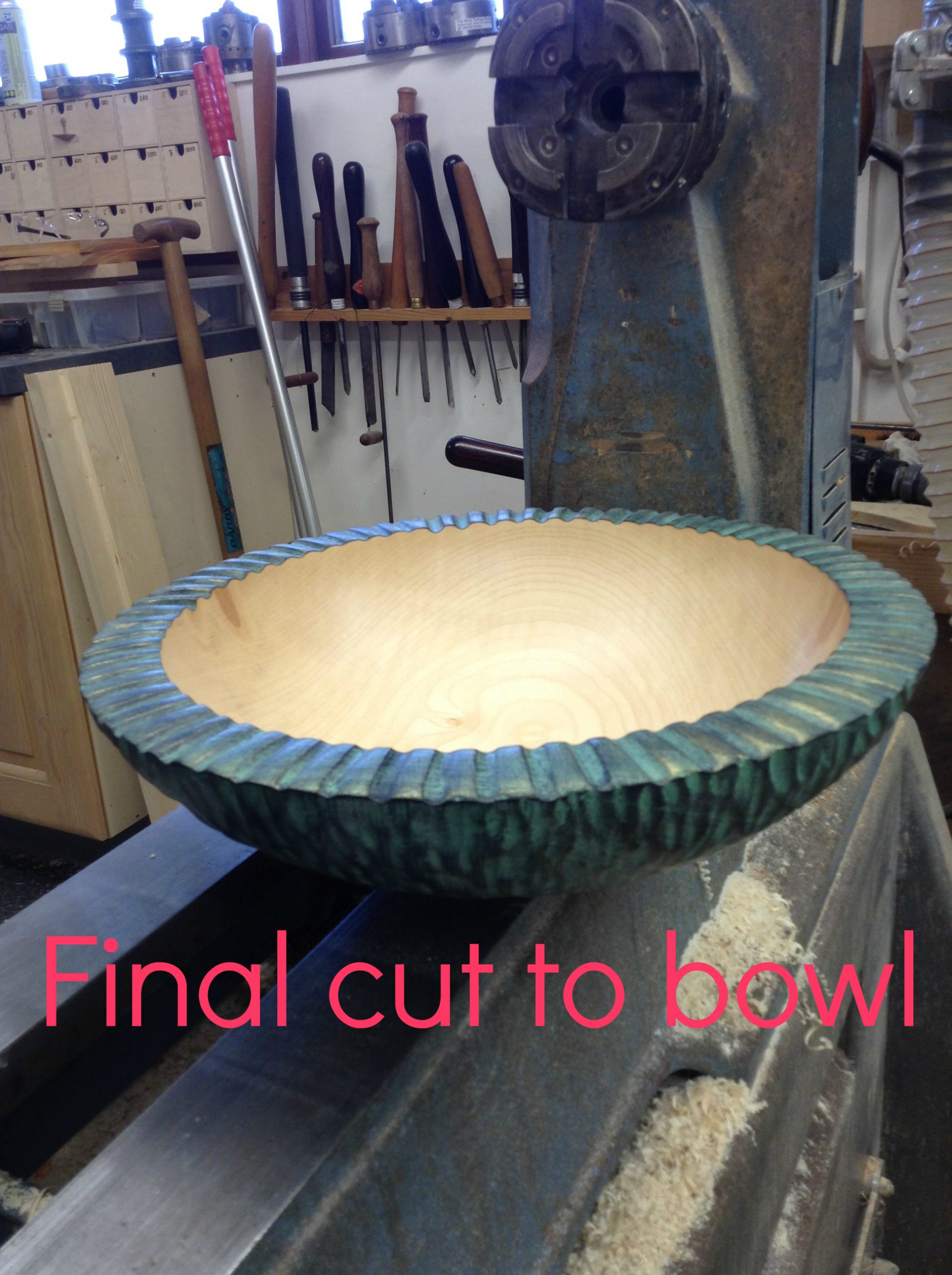Final cut to verdigris bowl